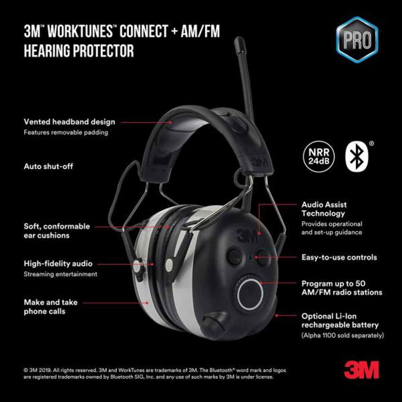 3M Pro Series WorkTunes Wireless Bluetooth Earmuff with AM FM Call Connect Streaming SLC80 27.9dB Class 5